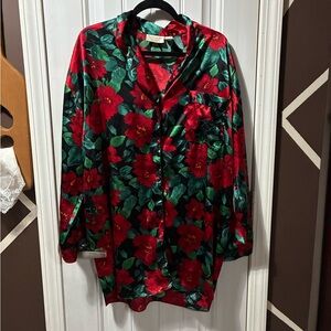 Victoria's Secret Red and Green Floral Satin Sleep Shirt Vintage Gold Lable